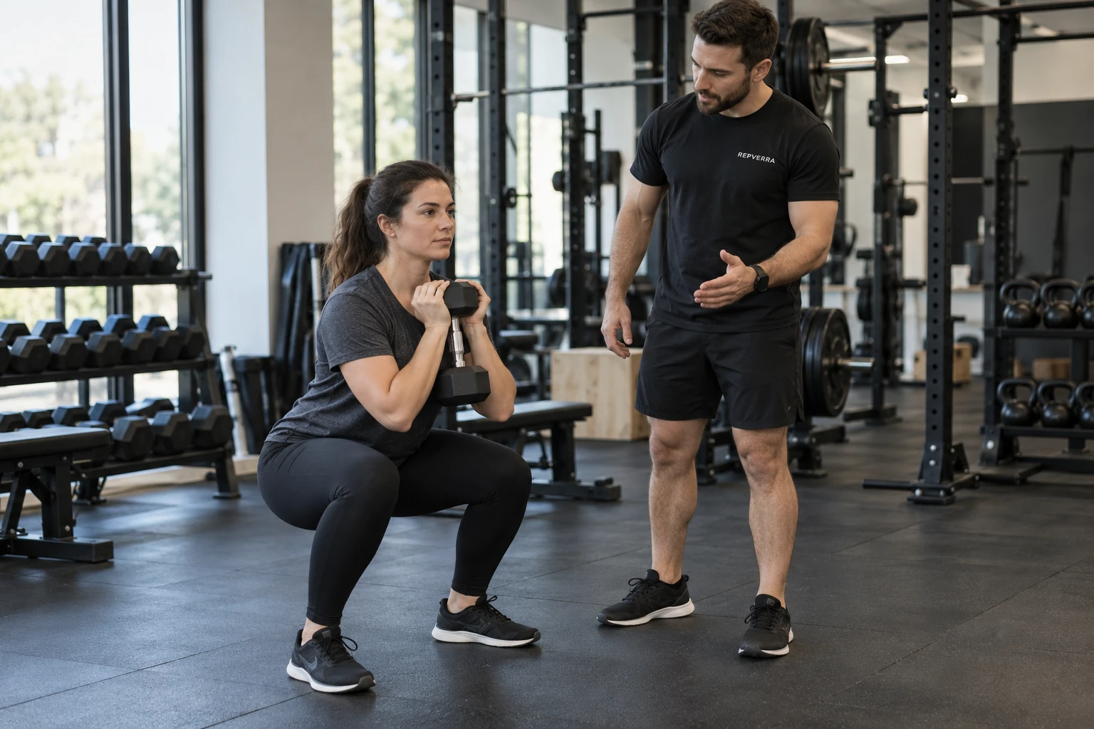 Illustrative scene of a trainer guiding a dumbbell squat